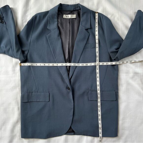 Zara Oversized Slate Blue One Button Front Faux Pocket Soft Blazer Size L - Picture 6 of 16